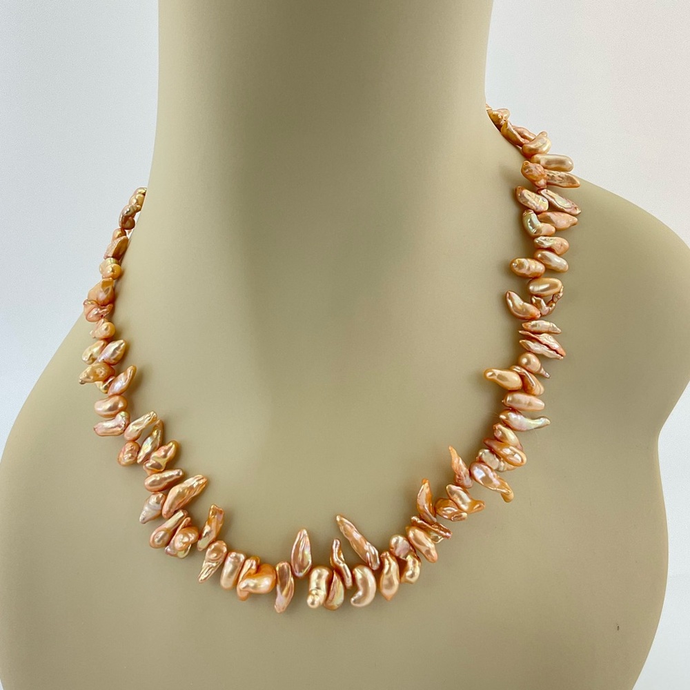 Gold Biwa Stick Pearls,  Handmade, 17.5" Long, Gorgeous Luster, Great Gift